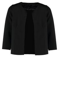 Zwarte cropped bomberjack met een gladde textuur, open voorkant en driekwart mouwen. Voorzien van een subtiele gedessineerde voering.