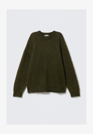 Maglione verde in misto mohair con maniche lunghe, scollo rotondo e texture soffice, caratterizzato da una vestibilità rilassata e senza chiusure visibili.