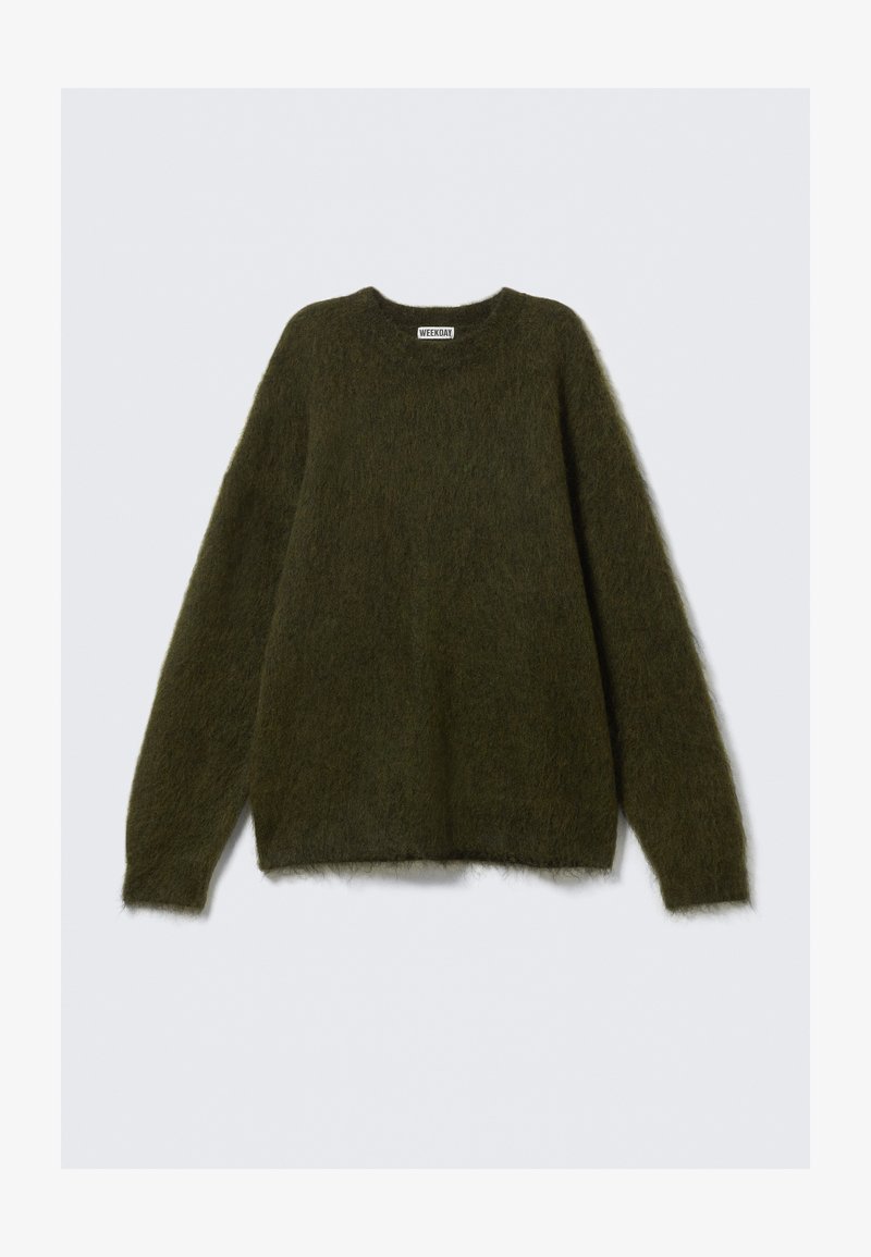 Green mohair-blend sweater with long sleeves, crew neck, and fuzzy texture, featuring a relaxed fit and no visible fastenings.
