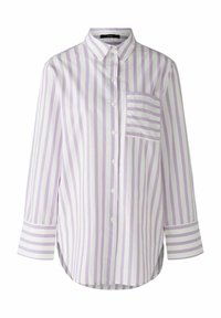 Long-sleeve button-up shirt in light purple and white vertical stripes. Features a single chest pocket with horizontal stripes and cuff detailing.