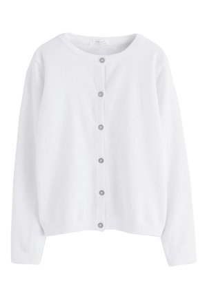 Witte cardigan met lange mouwen, ronde hals en zes knopen aan de voorkant, gemaakt van licht gebreide stof.
