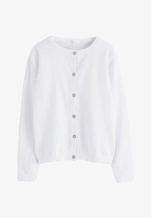 Witte cardigan met lange mouwen, ronde hals en zes knopen aan de voorkant, gemaakt van licht gebreide stof.