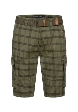 Olivenfargede cargo-shorts med rutemønster, laget av bomull, med fullførte mansjetter, sidelommer og et matchende belte med brune lærdetaljer.