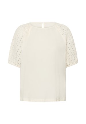 Cremefarbene Bluse mit Lochstickerei-Puffärmeln, runder Halslinie, Knopfverschluss hinten und lockerem Schnitt.