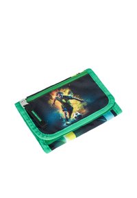 Green zippered wallet featuring a soccer player graphic on a black background, with colorful accents and a sturdy fabric texture.
