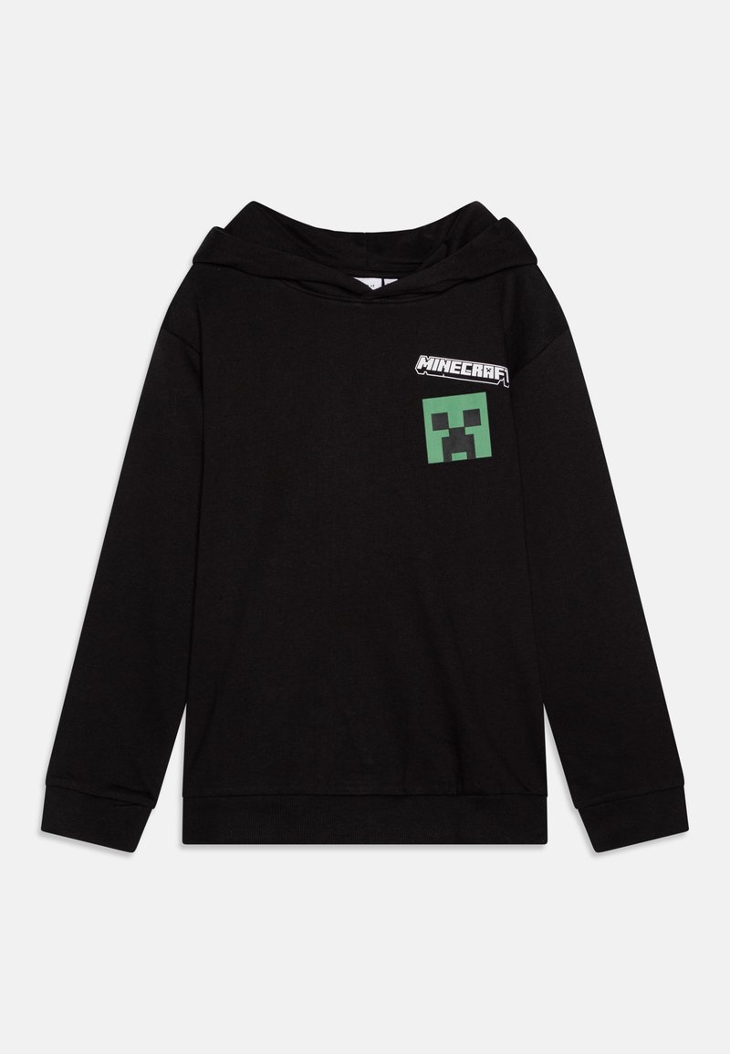 Felpa nera con cappuccio in cotone, con una grafica a pixel verde di un creeper e il logo "Minecraft" nella zona del petto. Maniche lunghe.