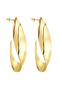 Náušnice zlaté barvy z kovu s designem listu, vyznačující se hladkými, zakřivenými liniemi a lesklým povrchem. Náušnice mají bezpečné uzávěry na zacvaknutí.