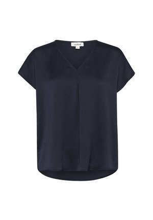 Námořnická modrá krátkosrstá blůza s výstřihem do V, se subtilní texturou a centrálním skladem pro zvýšení detailu; lem je mírně zaoblený.