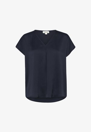 Tumesinises lühikeste varrukatega pluus V-kaelusega, millel on õrn tekstuur ja tsentraalne voldik, et lisada detaili; hem on veidi ümmargune.