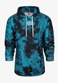 Felpa con cappuccio caratterizzata da un motivo tie-dye nero e turchese. Presenta una tasca frontale e cordini bianchi sul cappuccio. Texture morbida.