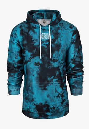 Kapuutšiga sweatshirt musta ja türkiissinise tie-dye mustriga. Omab esipocketsi ja valgeid nööre kapuutsil. Pehme tekstuur.