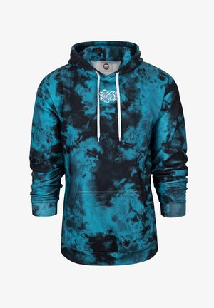 Bluza z kapturem w czarno-turkusowy wzór tie-dye. Posiada kieszeń z przodu oraz białe sznurki na kapturze. Miękka w dotyku.
