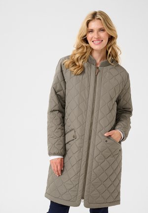 Quilted, mid-length coat in muted olive green. Features a zip front, side pockets, ribbed collar, and textured diamond pattern.