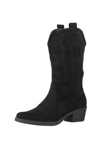 Bota de vaquero de ante negro con punta afilada, costuras decorativas y tacón bajo en bloque. Cuenta con lengüetas para facilitar el calzado.