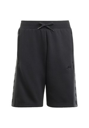 Czarne spodenki sportowe z regulowanym paskiem, bocznymi paskami i logo Adidas na lewym udzie.
