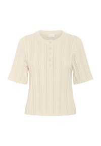 Pull en tricot crème à manches courtes, avec un col rond, une patte de boutonnage et un motif texturé présentant de petites formes de diamant.
