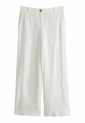 Valkoiset leveälahkeiset housut, joissa napin ja vetoketjun suljenta, sivutaskut ja suora helma, valmistettu kevyestä kankaasta.