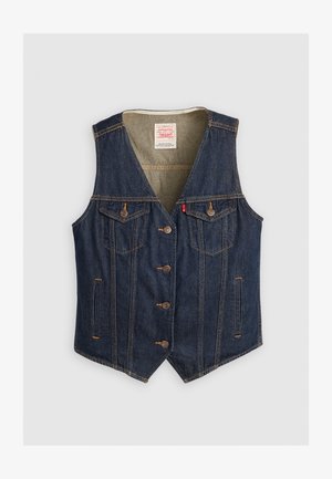 Denim vest in dark blue, featuring a V-neck, five buttons, two chest pockets with flaps, and light brown stitching details.