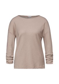 Maglietta beige a maniche lunghe realizzata in tessuto morbido, con righe orizzontali, scollo tondo e dettagli arricciati sulle maniche.