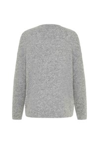 Pulover gri cu un finisaj texturat, având un guler rotund și mâneci lungi, tăiat pentru o croială lejeră și cu o margine dreaptă.