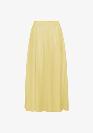 Yellow, ankle-length skirt made of smooth, lightweight fabric. Features an elastic waistband and a flowing design with subtle sheen.