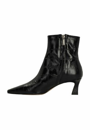 Black leather ankle boot with a pointed toe, crocodile embossing, and a side zipper. Features a short, slender heel.