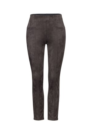 Zijdeachtige, donkergrijze leggings met een gladde textuur, hoge tailleband en details van voornaad, met een gestroomlijnde, aansluitende pasvorm.
