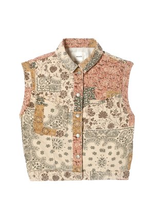 Veste sans manches à boutons avec motifs patchwork floraux et cachemire multicolores dans des tons beige, marron, vert et rouille.