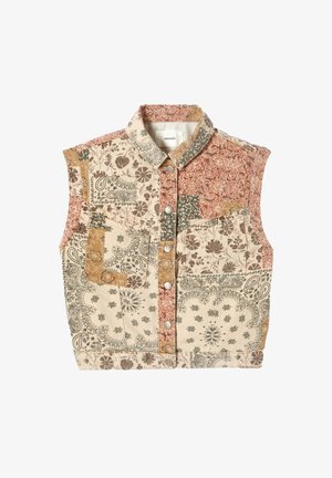 Veste sans manches à boutons avec motifs patchwork floraux et cachemire multicolores dans des tons beige, marron, vert et rouille.