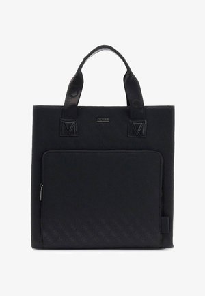 Schwarze Guess-Shopper-Tasche mit zwei Henkeln, einer vorderen Reißverschlusstasche und dezentem Monogramm-Muster im unteren Bereich.