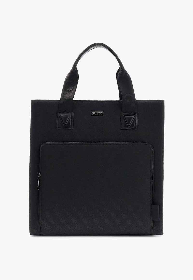 Sac fourre-tout noir de la marque Guess avec deux poignées, une poche zippée à l'avant et un motif monogramme subtil sur la moitié inférieure.