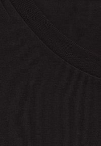 Black knit fabric with a smooth texture, featuring a curved neckline. The material appears lightweight and stretchy.