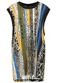 Un haut sans manches avec un motif mixte de rayures et d'imprimés animaliers en noir, bleu, orange, jaune et vert. "VERSUS" imprimé à l'avant.