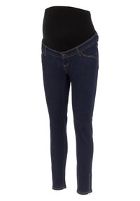 Jeans de maternidad en denim oscuro con una banda elástica negra en la cintura, ajuste skinny, cinco bolsillos y costuras decorativas.