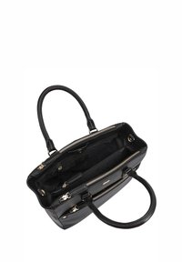 Zwarte leren handtas met dubbele handgrepen, meerdere binnenzakken en goudkleurige ritsen. Gestructureerde vorm met een textuur op de buitenkant.