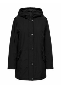 Crna kaput jakna s kapuljačom, zatvaranjem na zip i dugmadima, sa dva bočna džepa i glatkom, elegantnom teksturom tkanine.