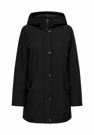 Schwarze Kapuzenparka mit Reißverschluss und Knopfverschluss, ausgestattet mit zwei Seitentaschen und einer glatten, eleganten Stoffqualität.