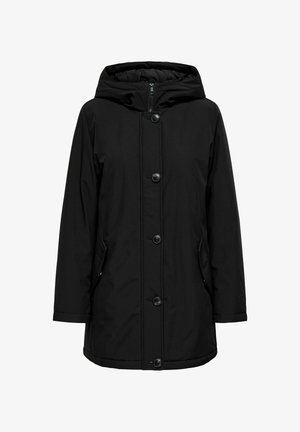 Crna kaput jakna s kapuljačom, zatvaranjem na zip i dugmadima, sa dva bočna džepa i glatkom, elegantnom teksturom tkanine.