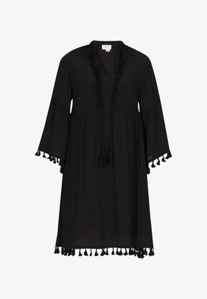 Fekete kaftán, könnyű anyagból készült, V-nyakkivágással, pompomos szegélyekkel és laza szabású, bő ujjakkal a kényelmes viselet érdekében.