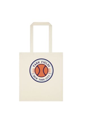 Béžová taška s kruhovým logem zobrazujícím oranžový baseball a textem „Park Fields New York City NYC 1961“ modrými písmeny.