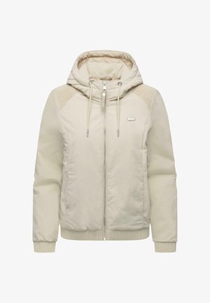 Vaaleanbeige vetoketjullinen takki, jossa on huppu, resorit hihansuuissa ja olkapääyksityiskohdat. Sileä pinta ja minimalistinen muotoilu.