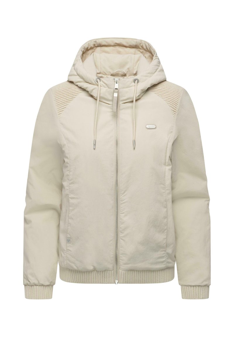 Jasnobeżowa kurtka na suwak z kapturem, ściągaczami przy rękawach i detalami na ramionach. Gładka tekstura i minimalistyczny design.