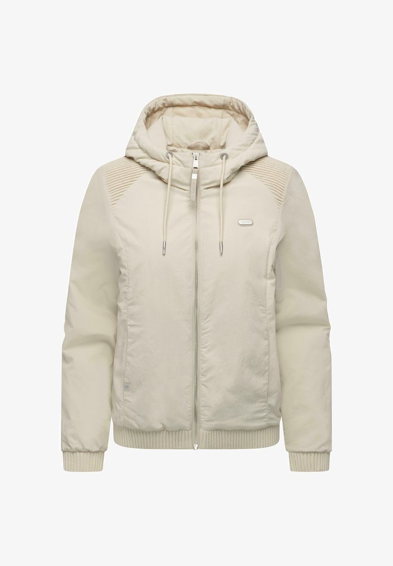 Jasnobeżowa kurtka na suwak z kapturem, ściągaczami przy rękawach i detalami na ramionach. Gładka tekstura i minimalistyczny design.