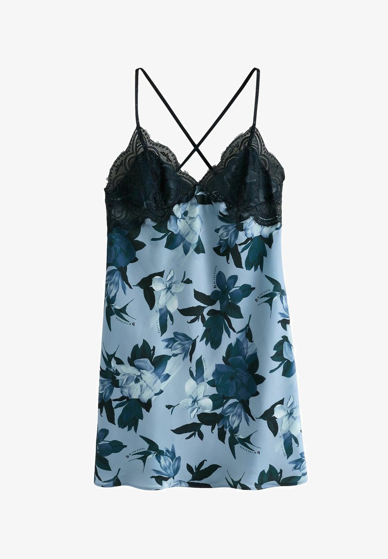 Varrukata öökleit pehme sinise kangaga, millel on lilleline muster. Omab musta pitsäärist ja reguleeritavaid rist selja rihmasid.