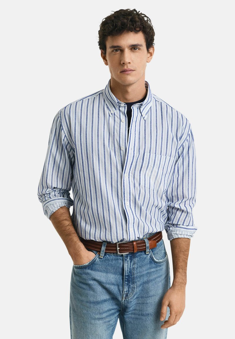 Gestreiftes Langarmhemd aus blauem und weißem Baumwollstoff mit Button-Down-Kragen und Brusttasche, kombiniert mit blauen Jeans und einem braunen Gürtel.