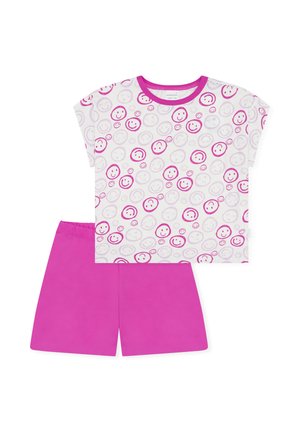 Zweiteiliges Kinderoutfit mit weißem Kurzarmoberteil, das rosa Smiley-Gesichter zeigt, und einfarbigen, leuchtend pinken Shorts.