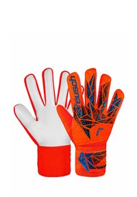 Gants de gardien de but avec une finition orange et des accents noirs et bleus à motifs, paumes blanches et une prise texturée pour des performances améliorées.
