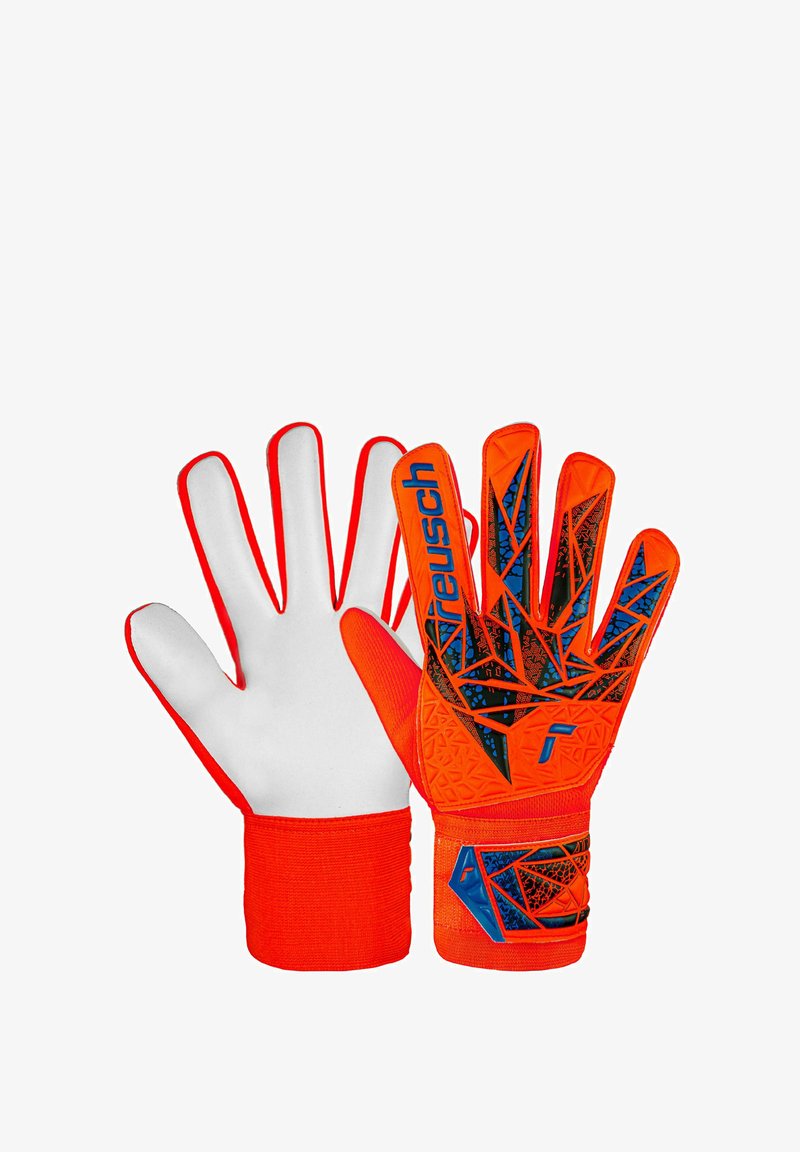 Gants de gardien de but avec une finition orange et des accents noirs et bleus à motifs, paumes blanches et une prise texturée pour des performances améliorées.