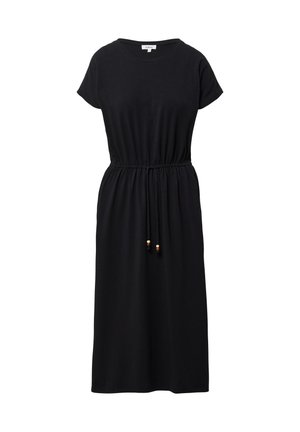 Schwarzes Kleid aus weichem Stoff, mit rundem Halsausschnitt, kurzen Ärmeln und elastischem Bund mit Kordelzug und Perlenakzenten.