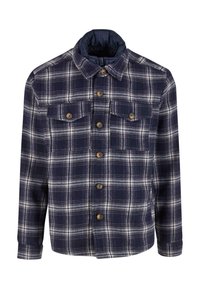 Giacca a camicia a quadri blu navy e bianco, con chiusura a bottoni, due tasche sul petto e un colletto pieghevole con fodera trapuntata.